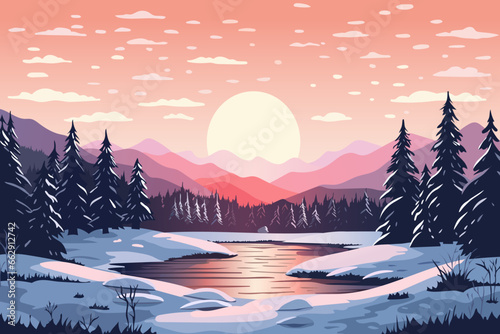 Stunning winter landscape. Sunset over snow-capped mountains, beautiful forest, lake and amazing clouds. Christmas vector illustration for design, poster, card, banner or print.