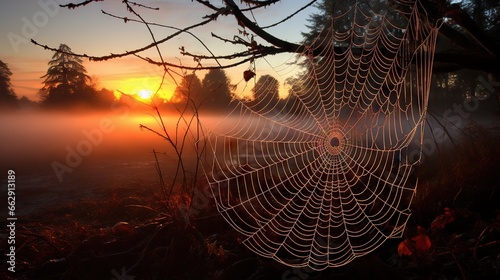  a spider web in the middle of a foggy field. generative ai