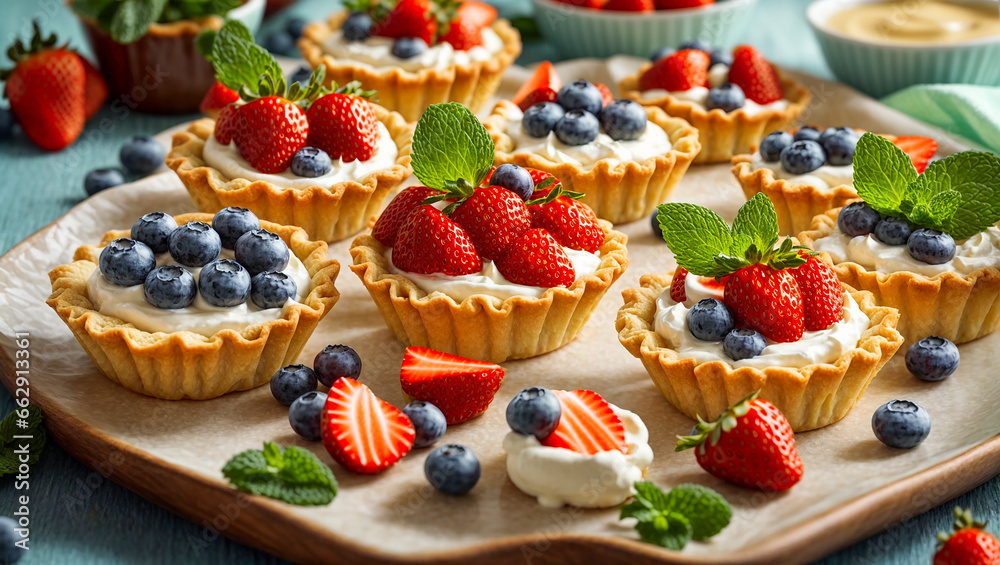 Appetizing tartlets with cream, strawberries, blueberries, mint Appetizing tartlets with cream, strawberries, blueberries, mint