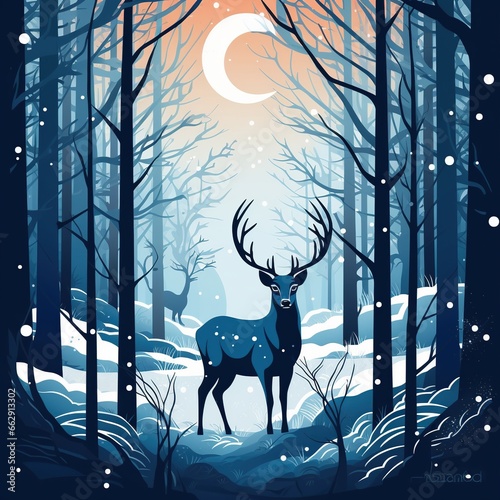 Winter Night Forest Deer. Flat Style Illustration in Blue and Brown colors © Idressart