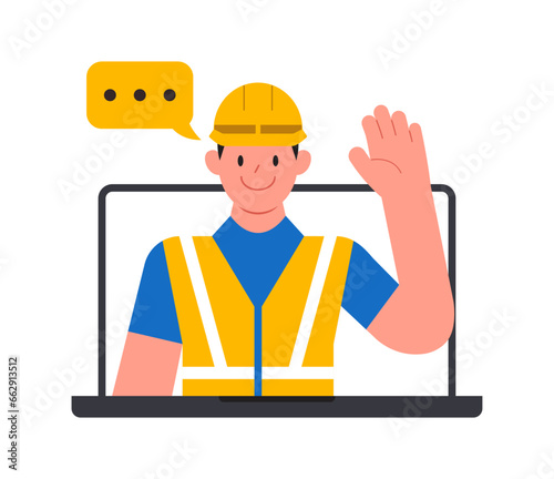 Worker Man do business video call conference, telecommuting, Webinar, using laptop talk to colleagues, online learning and remote working concept, flat vector illustration