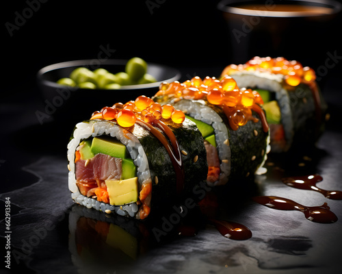 Sushi rolls on black background