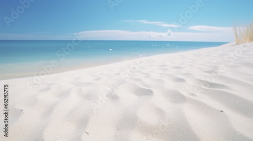 An up-close photograph of a pristine, white sand beach, capturing the fine grains and texture of the sun-kissed shore, perfect for a serene and natural background