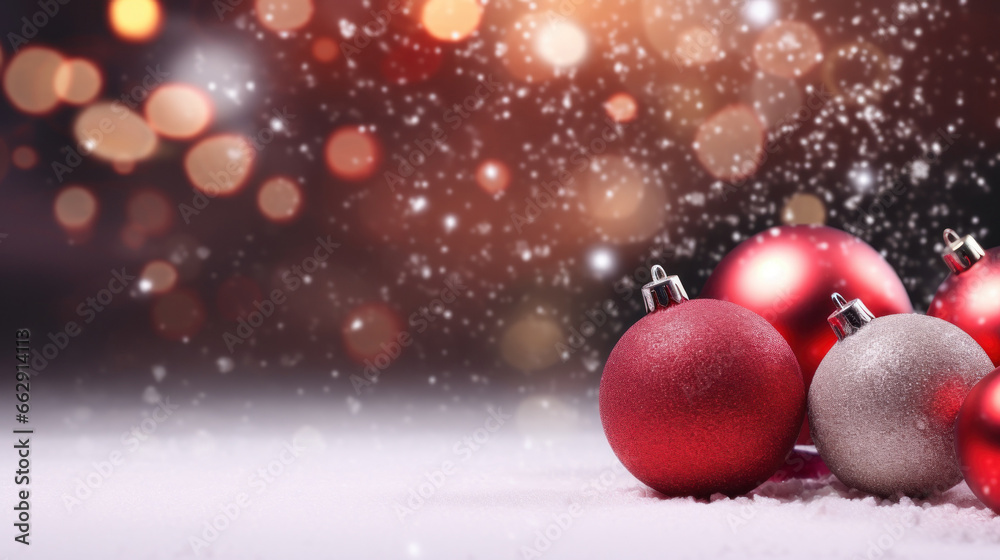 Christmas baubles and trinkets amidst sparkling snowflakes and festive bokeh lights Christmas baubles and trinkets amidst sparkling snowflakes and festive bokeh lights