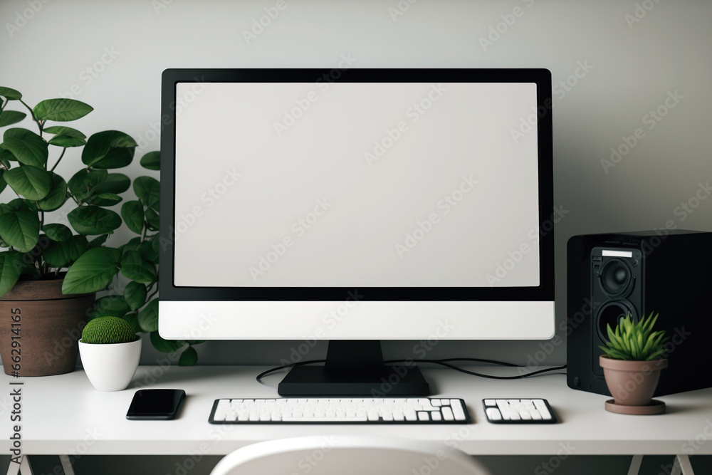 Fototapeta premium Front image of pc with blank screen and equipment on designer or photographer desk. Graphic display montage on blank screen. Generative AI