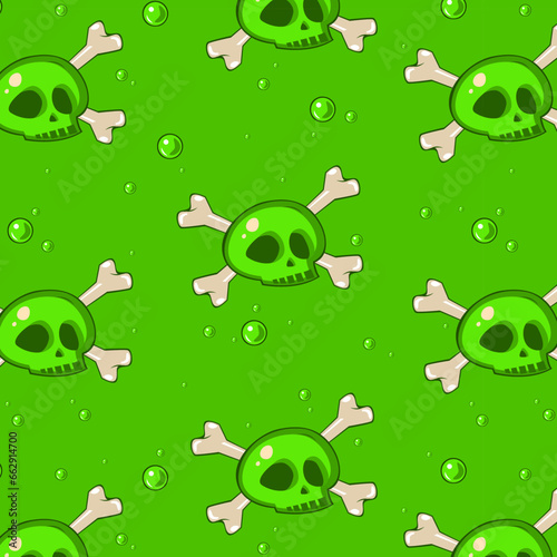 Vector pattern with skulp and bones on green background. Element for horror design, Halloween celebrated concept.
