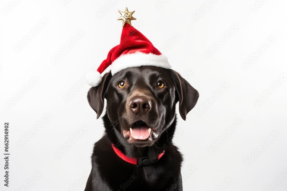 Black Labrador dog breed wearing santa claus deer antlers hat isolated on white background. Generative Ai Black Labrador dog breed wearing santa claus deer antlers hat isolated on white background. Generative Ai