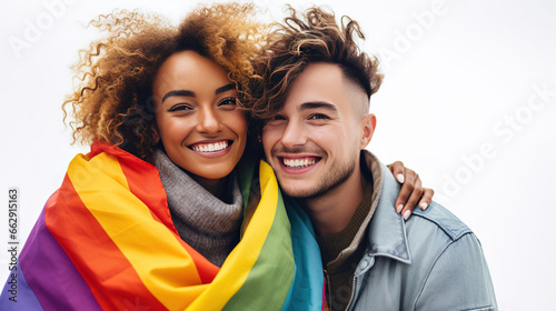 young diverse people lgbtq+ activists holding the lgbt pride rainbow flag, generative ai photo