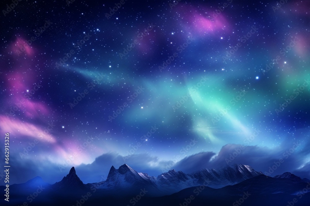 Stunning sky with colorful aurora and sparkling stars. Background of blue northern lights with room for text. Generative AI