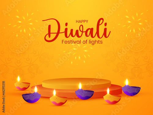 Vibrant 3D Illustration of Podium Stage with Indian Diwali Diya Oil Lamp and Mandal Background - The Festival of Lights