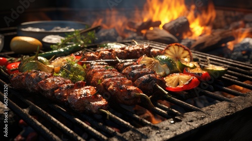 Beef steaks on the grill with flames.