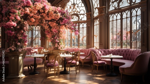 A baroque-style tea room adorned with a tall domed ceiling, featuring an abundance of pink and green flowers that grace the tables and chairs. photo