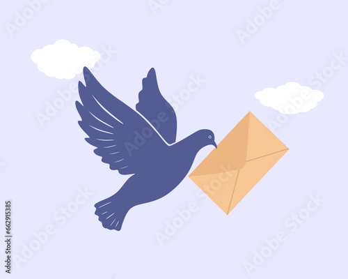 Blue pigeon postman flies with a mail on blue sky with clouds. Concepts of development of communications. Carrier pigeon on sky with carrying a letter in flat style. Vector illustration