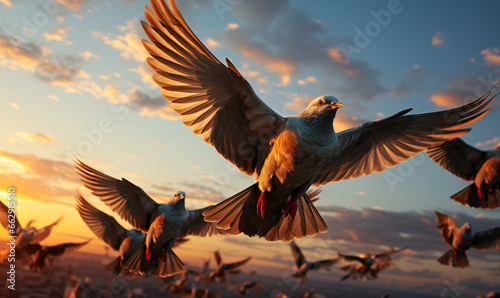 Flock of birds flies across an orange and yellow sky during sunrise. © Arma Design