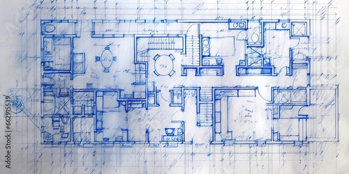 Fototapeta Generative AI, Blue print floor plan, architectural background, technical draw