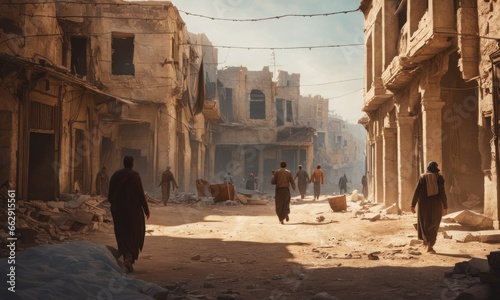 Refugees and displaced by war or a natural disaster walking through the streets of a destroyed city. Ruined demolition town. A city devastated by war and bombing. Middle east crisis