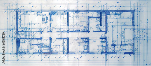 Generative AI, Blue print floor plan, architectural background, technical draw photo