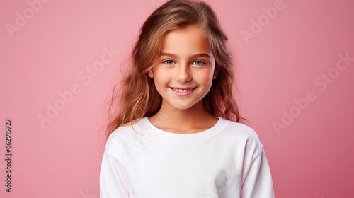Portrait of a happy smiling child girl on pink.