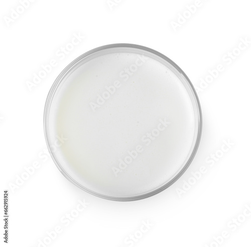 Glass of fresh milk isolated on white, top view