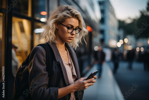 Businesswoman busy on mobile phone out of the office while waiting for the bus