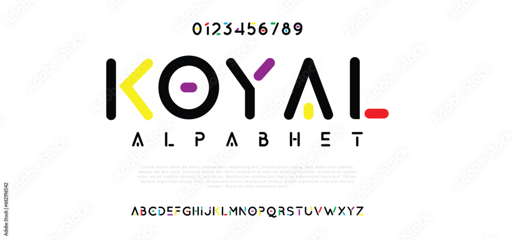 Koyal Modern abstract digital alphabet font. Minimal technology typography, Creative urban sport fashion futuristic font and with numbers. vector illustration - obrazy, fototapety, plakaty 
