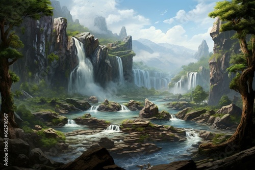 A vast waterfall featuring another waterfall in the center, surrounded by trees along the falls and rocks in the foreground. Generative AI