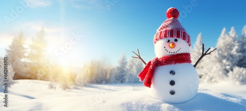 Winter holiday christmas background banner - Closeup of cute funny laughing snowman with red wool hat and scarf, on snowy snow snowscape, illuminated by the sun © Corri Seizinger