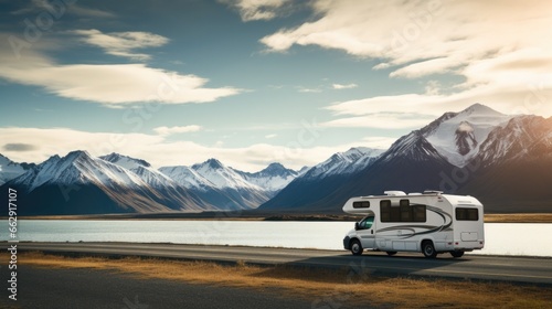 A motorhome drives across a plain with mountains in the background