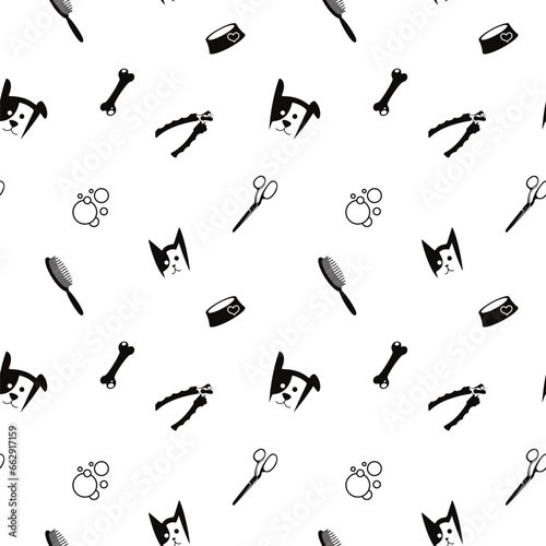 Seamless pattern set of groomer tools, grooming and pet care background