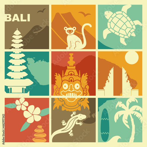 Square composition on the theme of Bali attractions in retro style