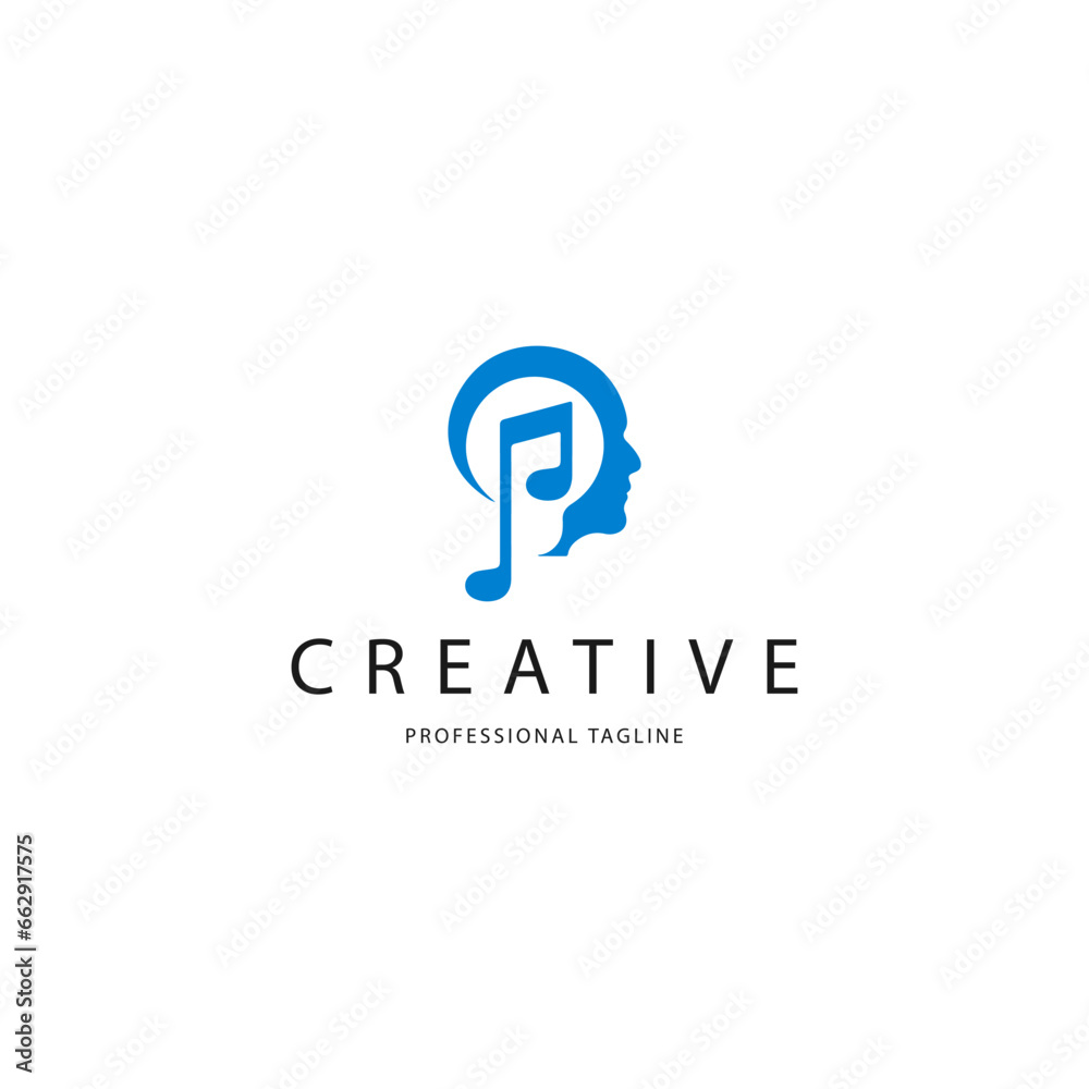 Head with musical note. Music on mind icon Head with musical note. Music on mind icon