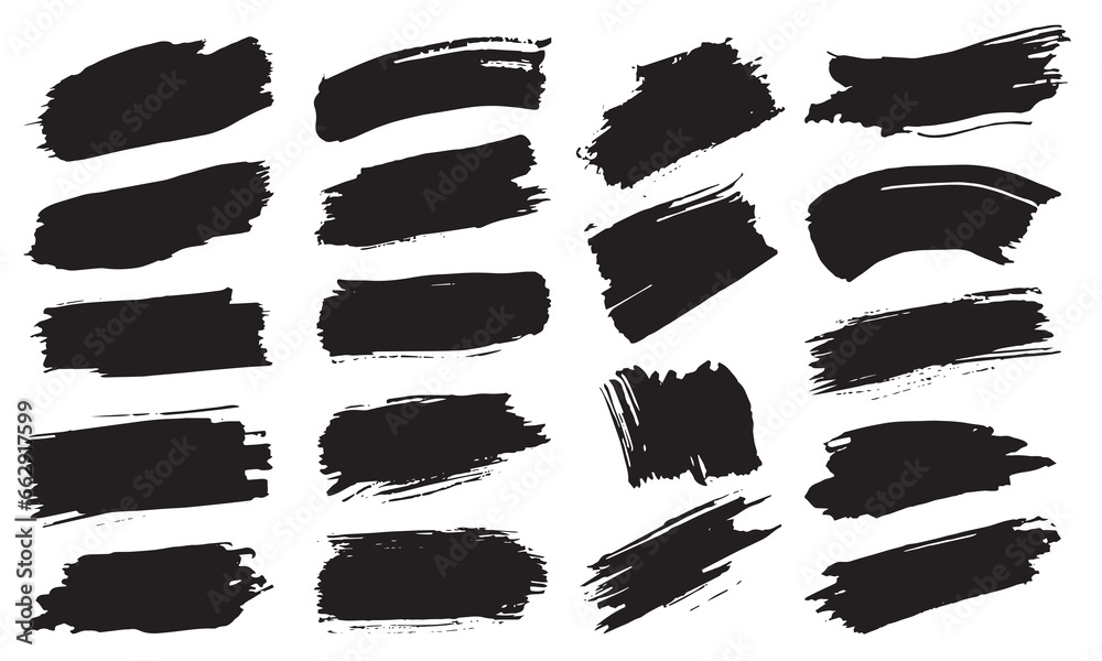 set of brush stains, black paint brush stroke, black ink splash, grunge black color brushes