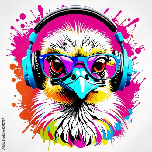 a bright image of an ostrich wearing glasses and headphones was created using artificial intelligence © valentina