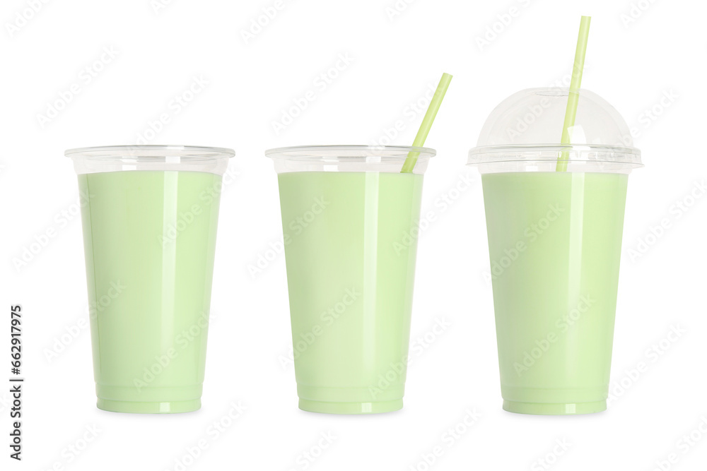 Collage with plastic cup full of tasty smoothie isolated on white Collage with plastic cup full of tasty smoothie isolated on white