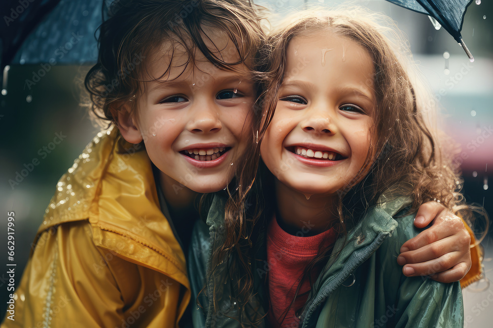 Portrait of children in summer rain in carefree and joyful atmosphere of happy childhood moments. Portrait of children in summer rain in carefree and joyful atmosphere of happy childhood moments.