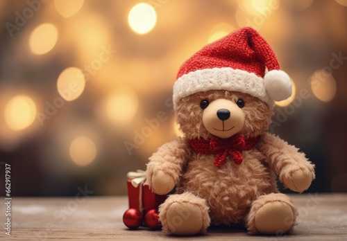 Cute teddy bear with santa claus hat, bokeh background, christmas and parties concept. Generative AI © Deivison