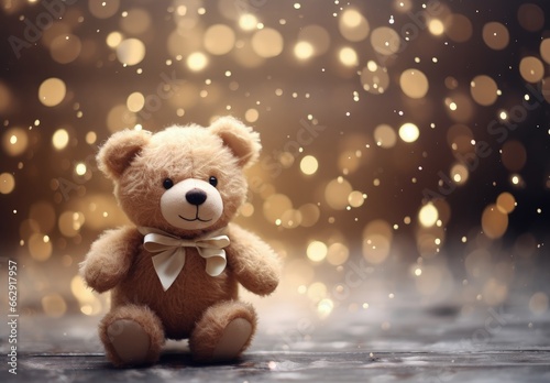 Cute teddy bear with santa claus hat, bokeh background, christmas and parties concept. Generative AI photo