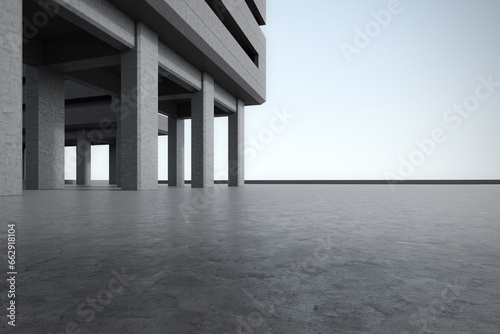 Empty concrete floor with building. 3d rendering of abstract architecture background.