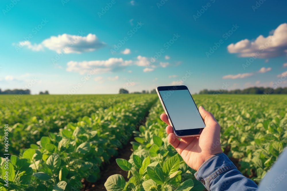 Hand holding cell phone and plantation in the background, agriculture and technology concept. Generative AI - obrazy, fototapety, plakaty 