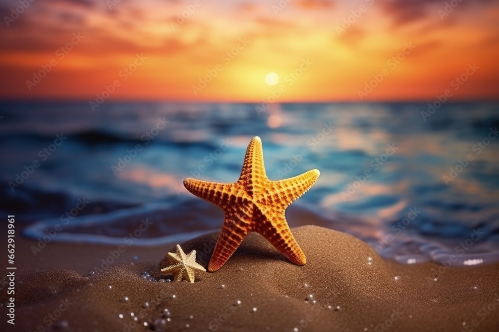 Tropical landscape with starfish on the beach, beautiful sunset and sea, bokeh background. Generative AI Tropical landscape with starfish on the beach, beautiful sunset and sea, bokeh background. Generative AI
