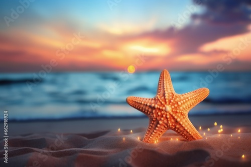 Tropical landscape with starfish on the beach, beautiful sunset and sea, bokeh background. Generative AI