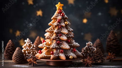 Christmas tree shaped cookies. Christmas tree gingerbread cookies. Horizontal banking poster background for advertisement. Photo AI Generated
