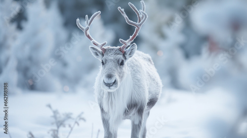 Un renne dans la forêt, renne du père Noël. Paysage lumineux, ambiance calme et hivernale. Arrière-plan pour conception e t création graphique.