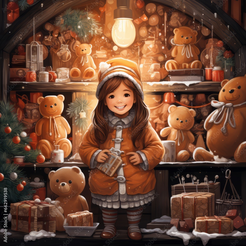 Christmas teddy bears for Kids joy. Christmas girl portrait Paint Drawing. Vertical banking poster background for web. Photo AI Generated Christmas teddy bears for Kids joy. Christmas girl portrait Paint Drawing. Vertical banking poster background for web. Photo AI Generated