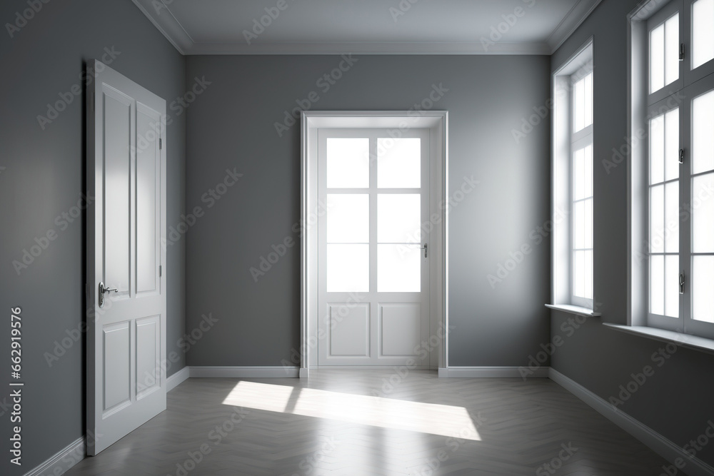 Empty room with white plinth, grey walls, a large full-wall window, a white door, and a window across from it. Glossy parquet floor. Artwork using a Windows Work Path. 300 dpi in 8K Ultra HD at