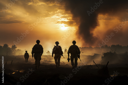 Silhouetted soldiers against war-torn landscapes under somber smoky skies 