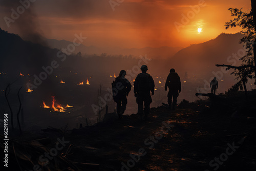 Silhouetted soldiers against war-torn landscapes under somber smoky skies © fotogurmespb