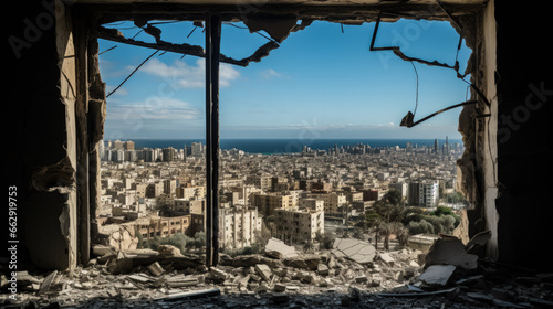 Scars of strife: Shattered glass pane overlooking ruins in Tel Aviv 