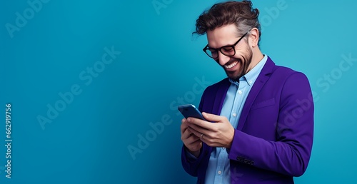 Portrait of a handsome young man using mobile phone against blue background