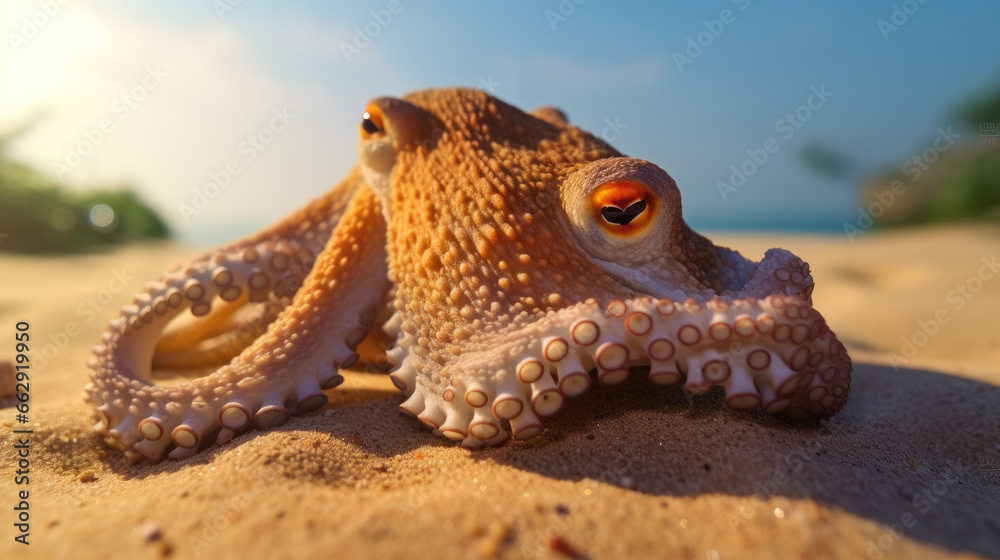 Close-up photo of an octopus on a sandy beach bathed in the soft morning sunlight Close-up photo of an octopus on a sandy beach bathed in the soft morning sunlight